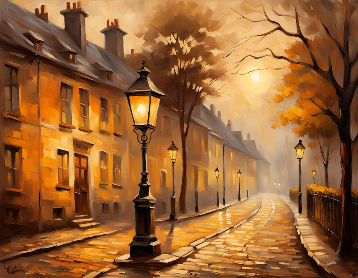 Old Streetlamp in Impressionist Style Oil Painting