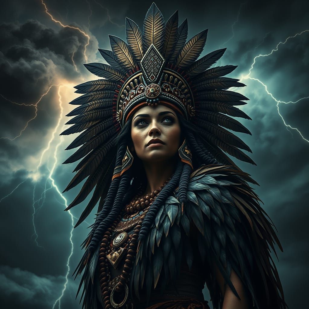 Aztec Goddess Reigns Amidst Turbulent Stormy Skies