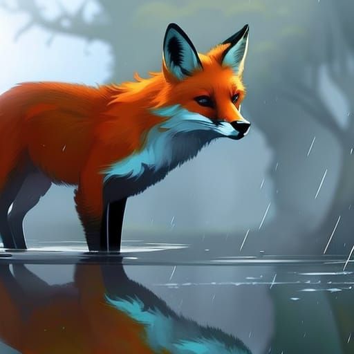 Magical Fox in the Rain with Cinematic Lighting
