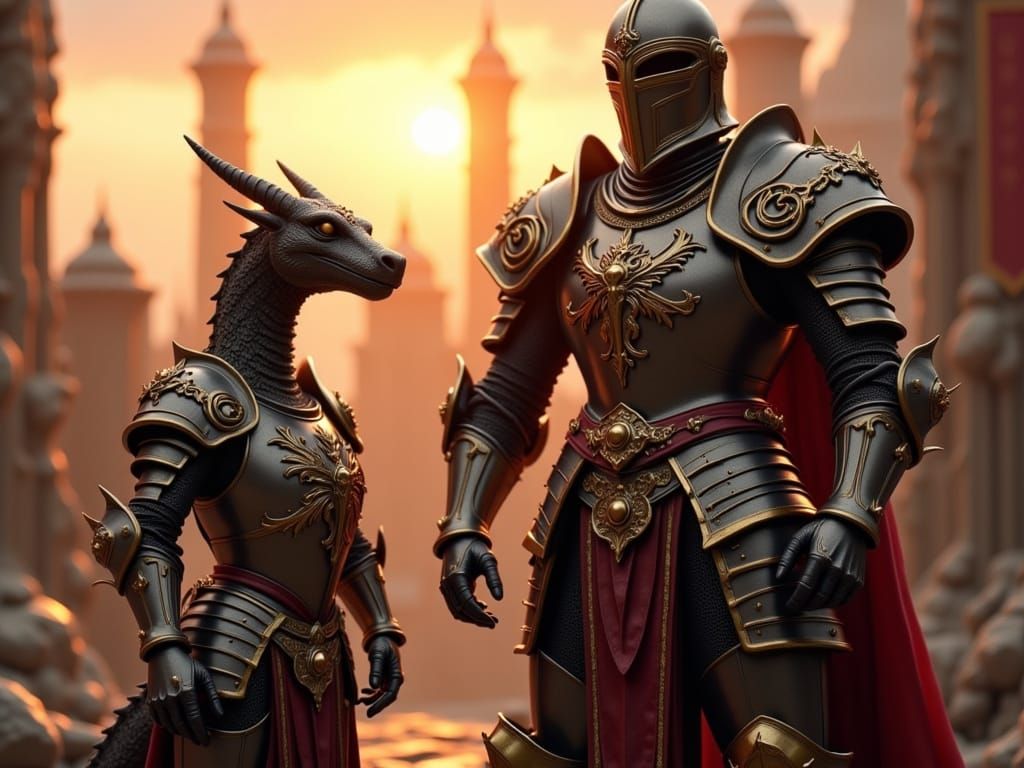 Knight and Baby Dragon in Matching Armor at Sunset