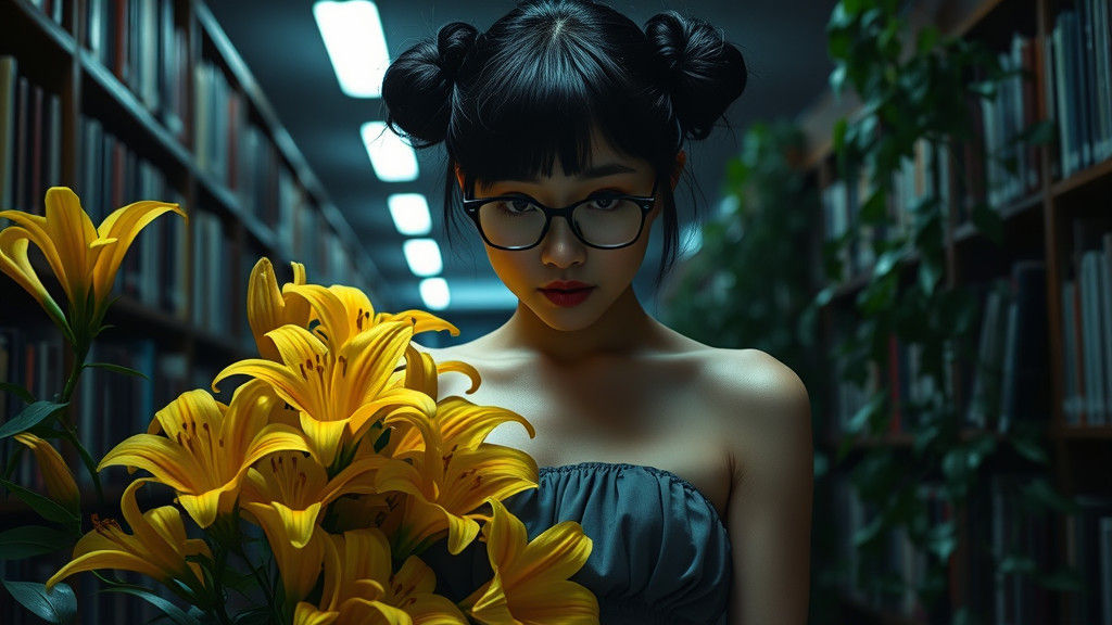 Woman Bound by Lilies in Dimly Lit Library