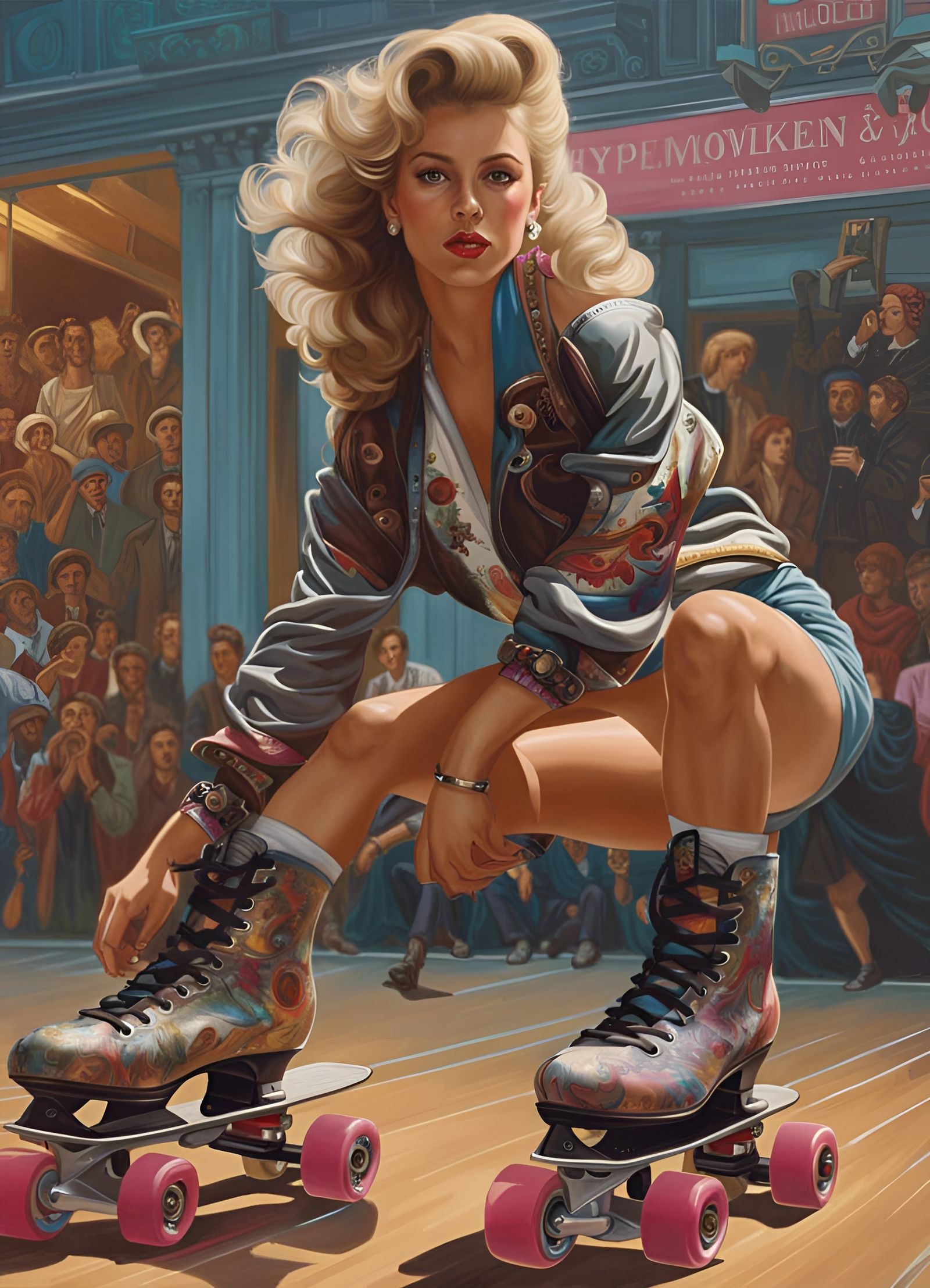 Iconic 80s Girl on Rollerskates: Hyperrealistic Neon Artwork