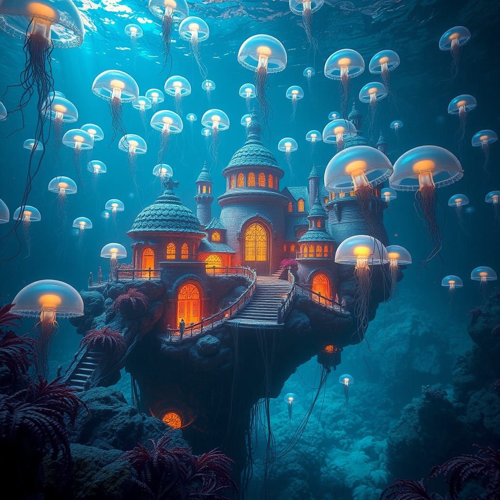 Ethereal Atlantis Underwater Village in Iridescent Hues