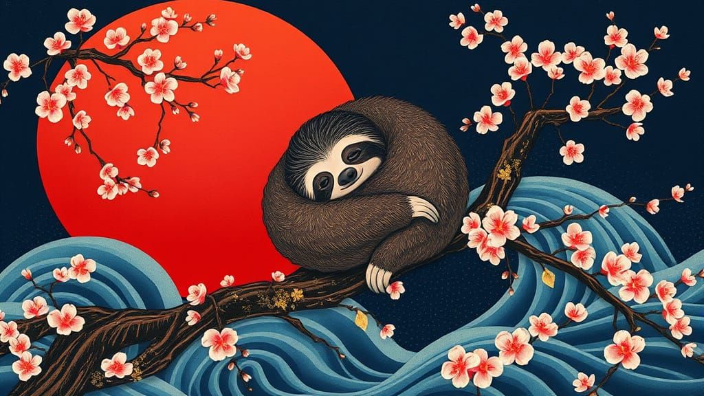 Cute Sloth in Ukiyo-e Style with Gold Accents