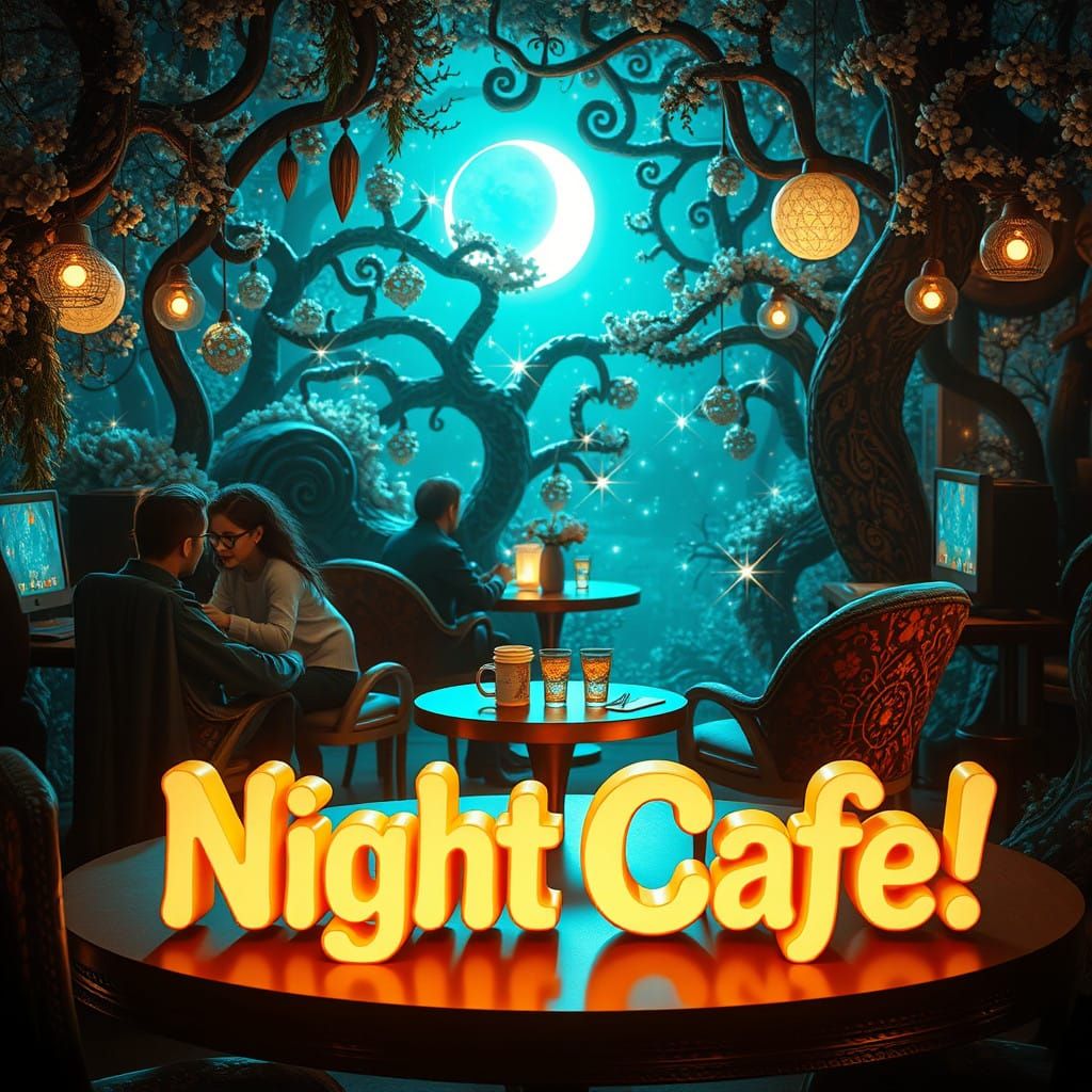 Surreal Nighttime Gathering at NightCafe Studio in Dreamlike...
