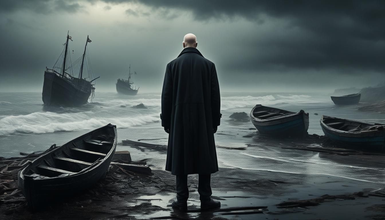 Bald Man at Rainy Coast in Dark Style