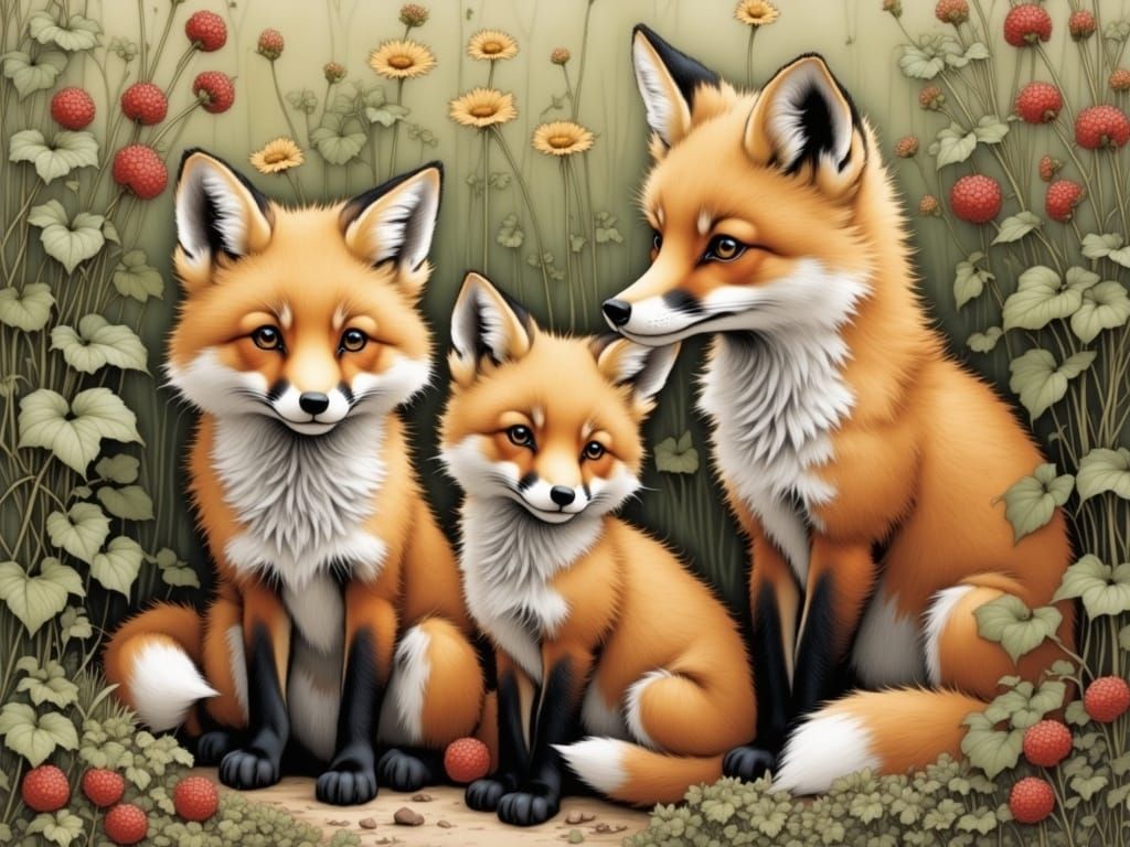 Whimsical Fox Family Amidst Ancient Blackberry Bushes