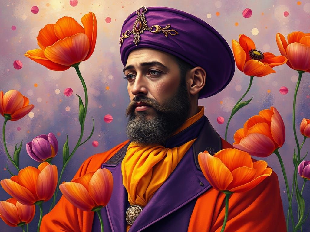 Luxurious Regal Figure Amidst Whispers of Vibrant Tulips and...
