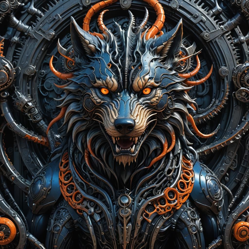 Biomechanical Giger-Inspired Wolf with Mechanical Tentacles