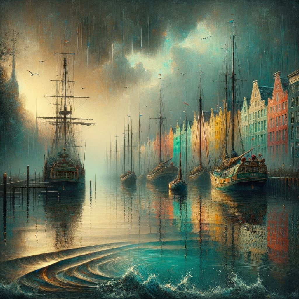 Colorful Sailboats Reflecting Abstract Buildings as Oil Pain...