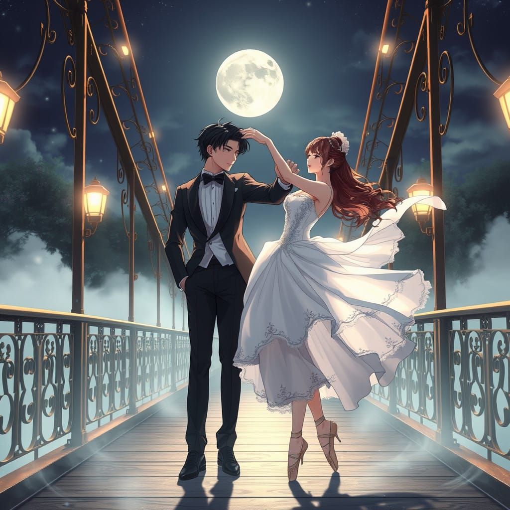 Sleek Anime-Inspired Dancer Under Moonlit Bridge