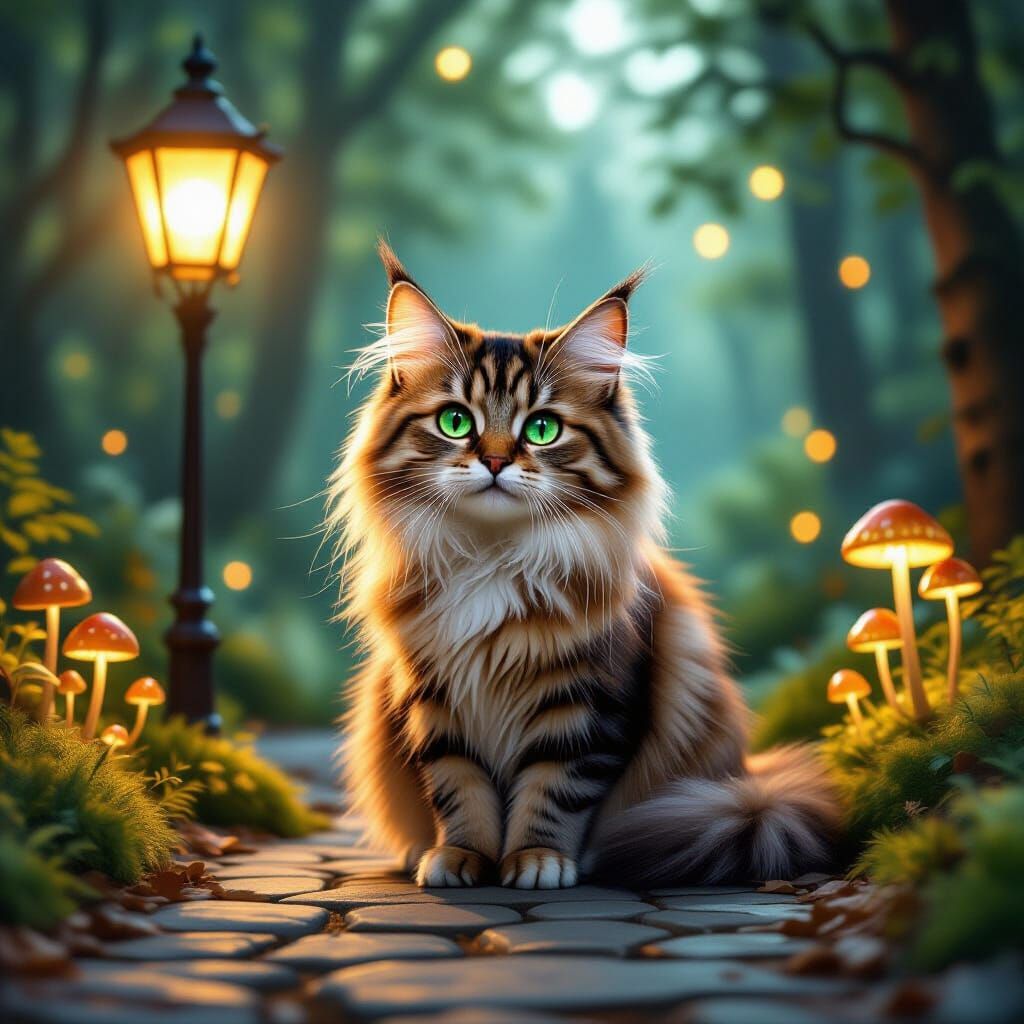 Forest Cat in Magical Glowing Mushroom Forest