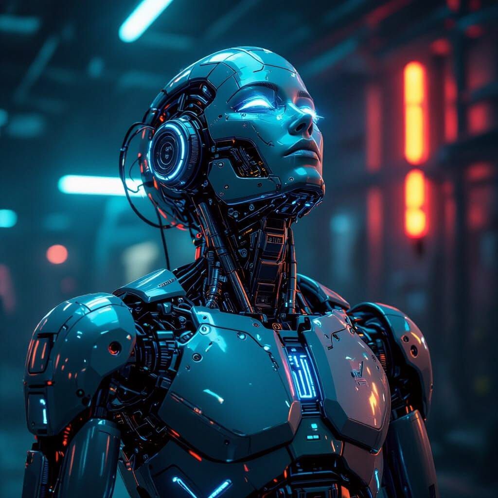 Cyberpunk Robot Experiencing Whiplash in Industrial Setting