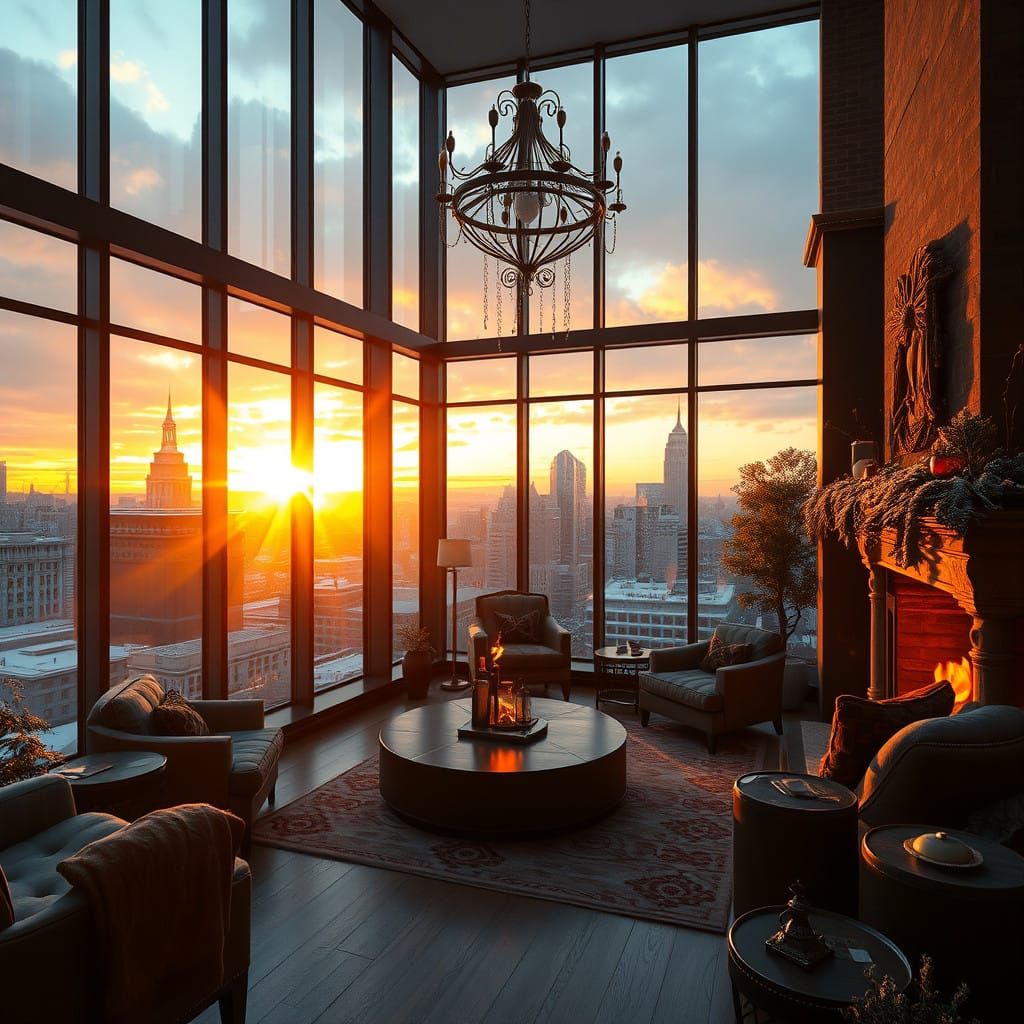 Whimsical Snowy Sunset in a Cozy New York Penthouse
