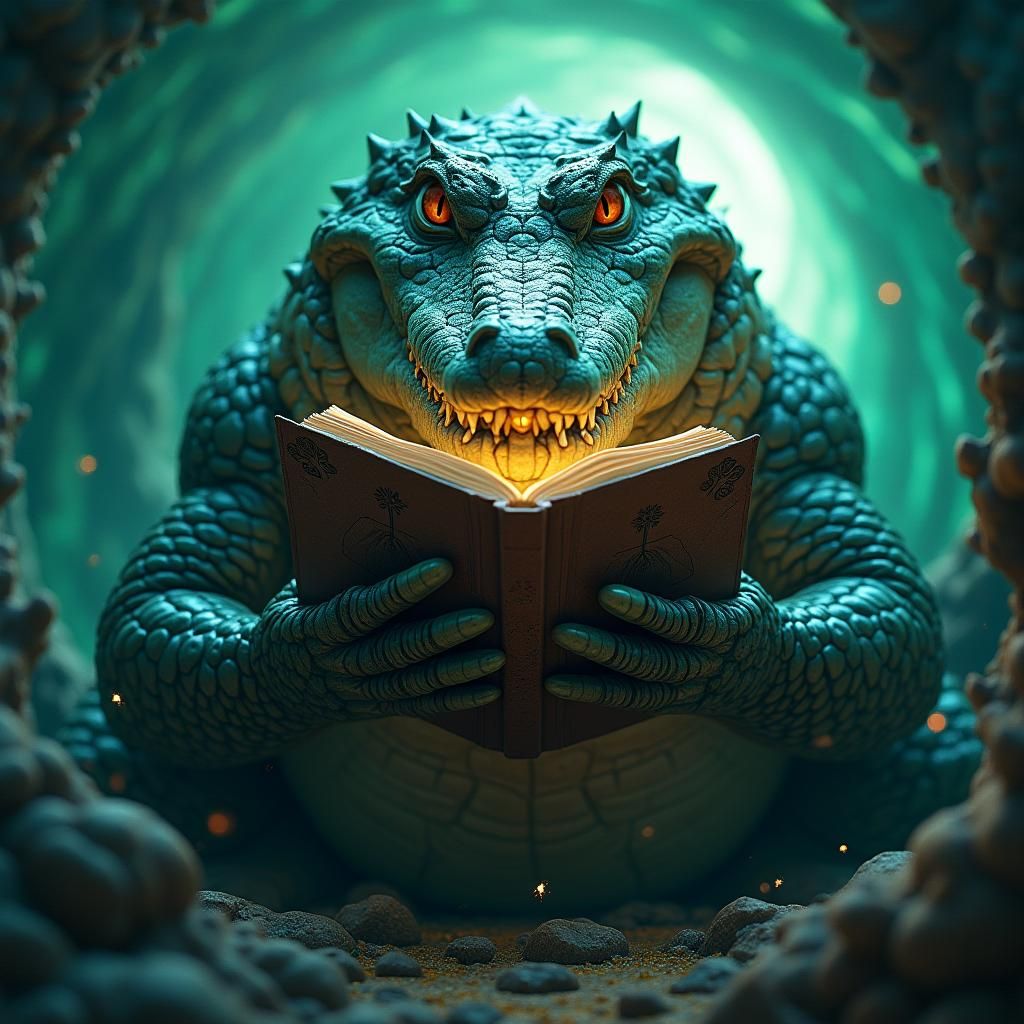 Alligator Scribes Magic in Swirling Emerald Vortex