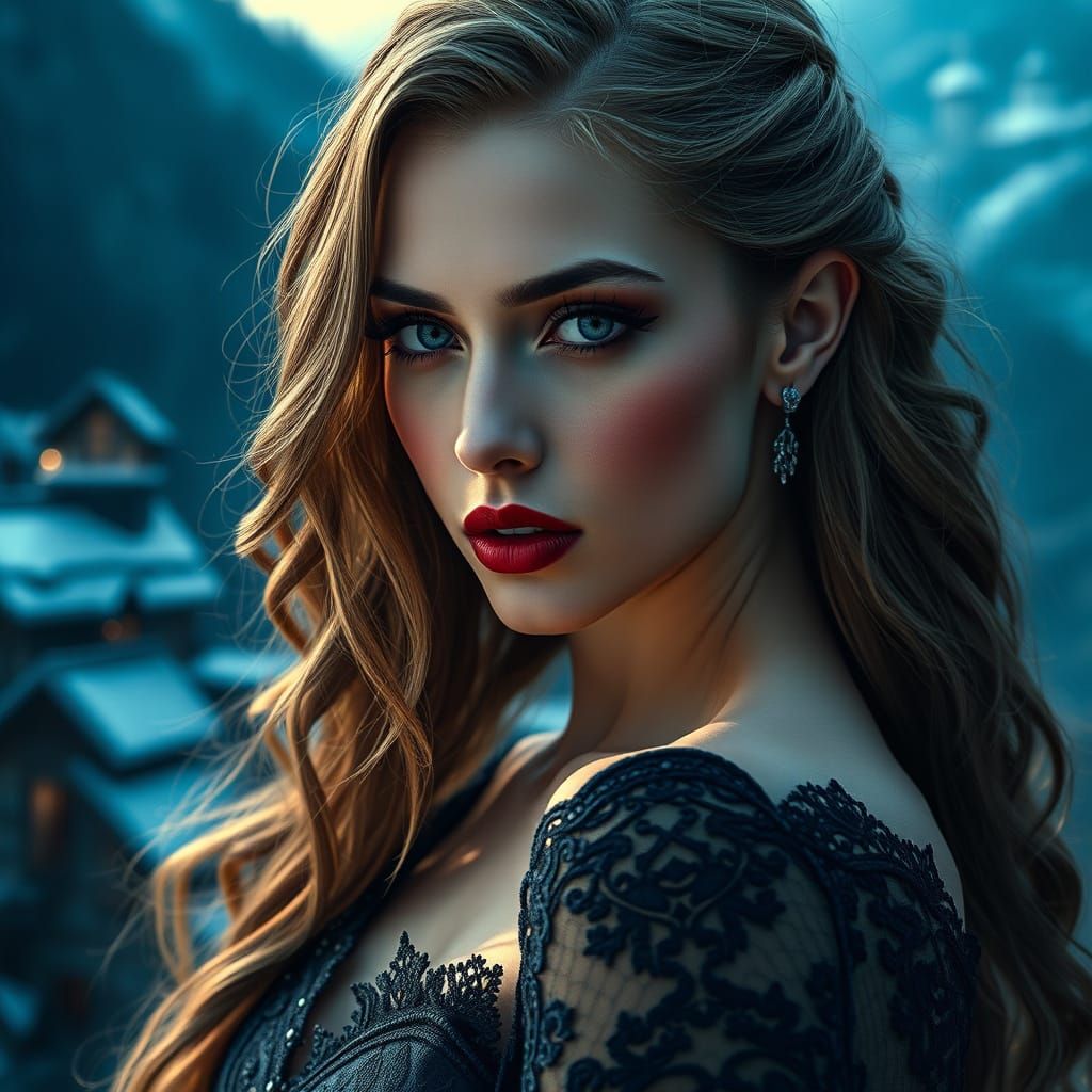 Ethereal Vampire Maiden in Medieval Village