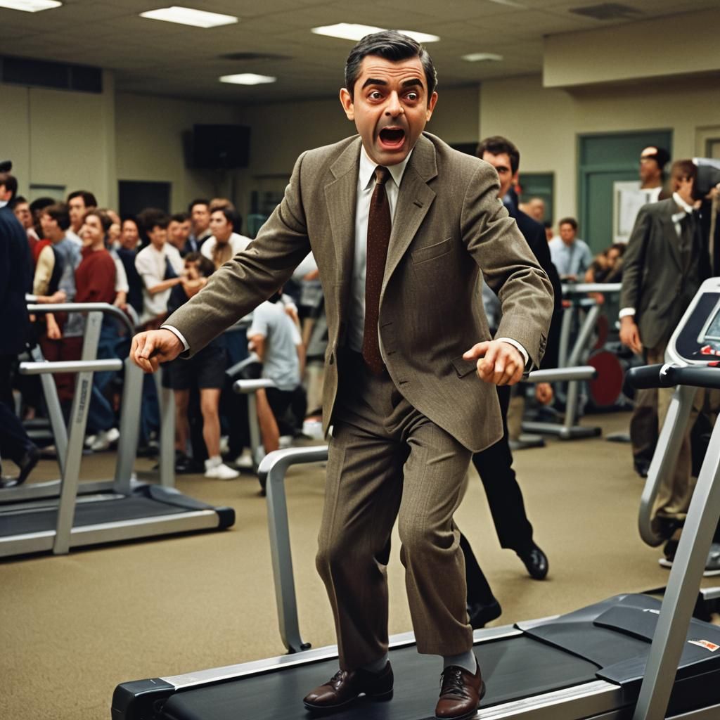 Mr. Bean Treadmill Caricature in Cinematic Style