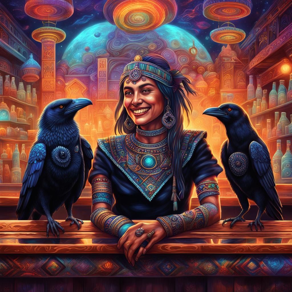 Aztec Woman at Bar in Astral Cosmic Style
