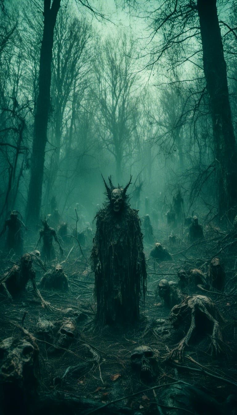 Macabre Forest Tent Scene with Demons