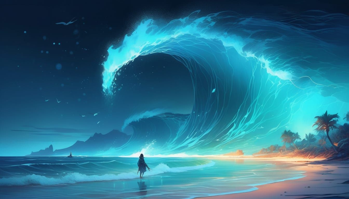 Bioluminescent Waves Illustration in Cool Colors