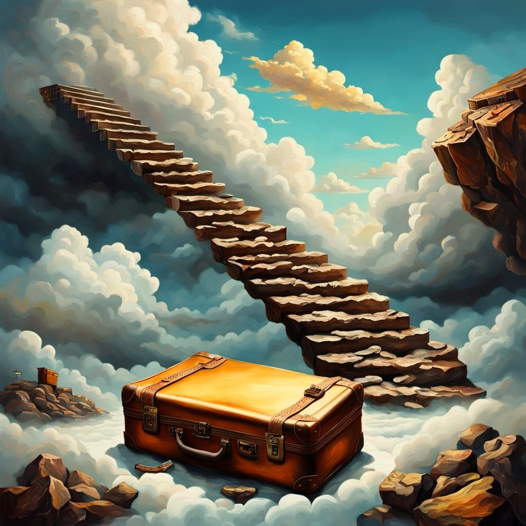 Surreal Staircase to the Sky: Dali-esque Oil Painting