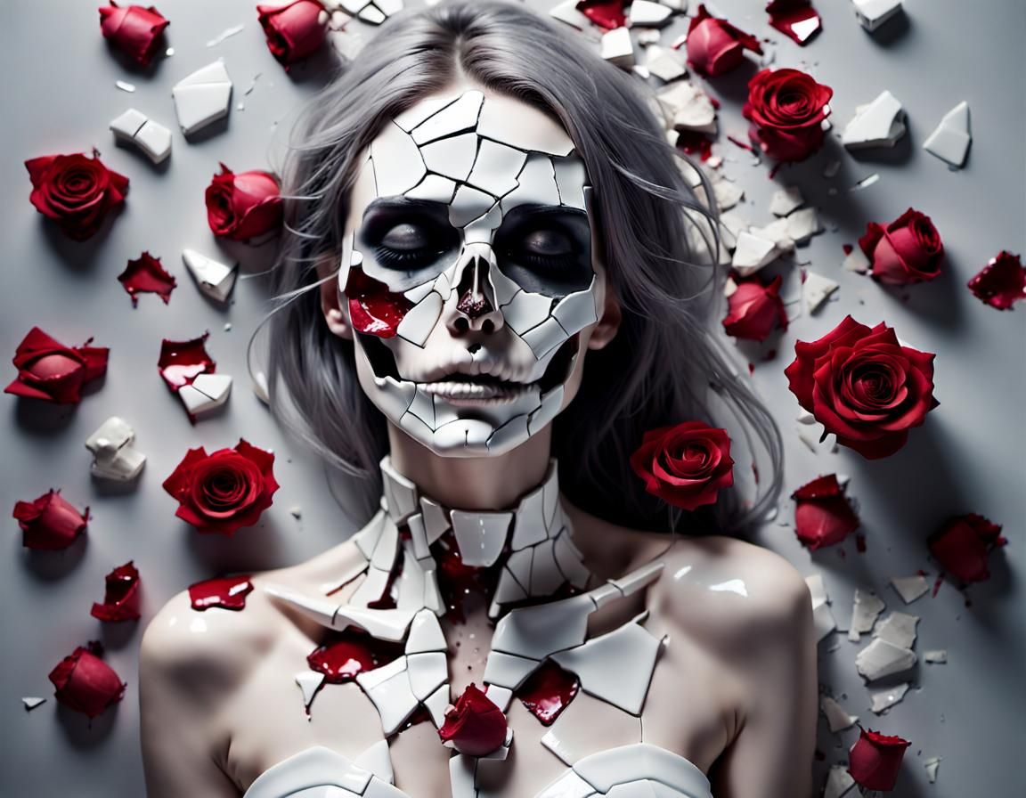 Futuristic Porcelain Woman Shattering in Kintsugi Style