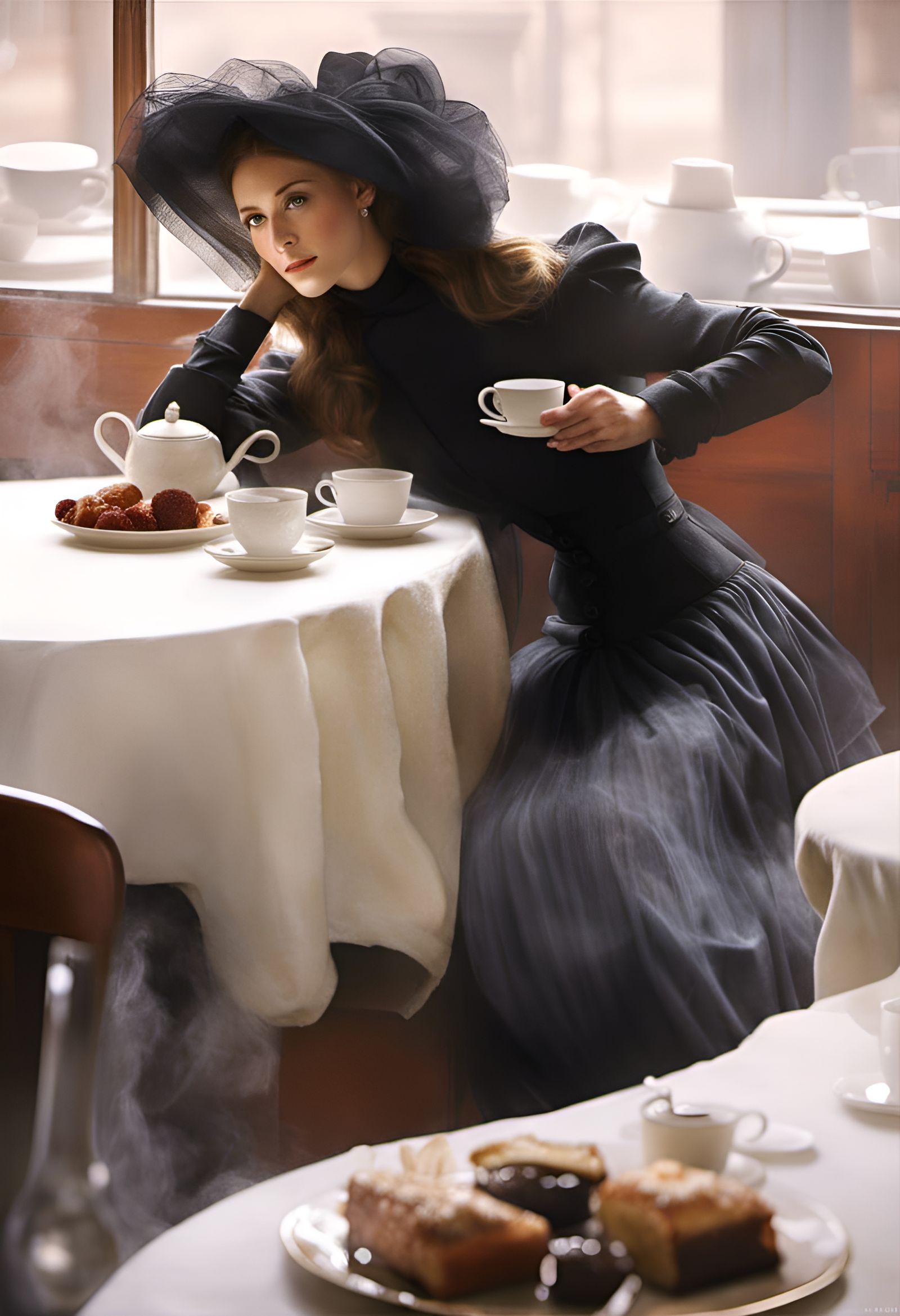 Elegant Woman Enjoying Tea: A Photorealistic Portrait