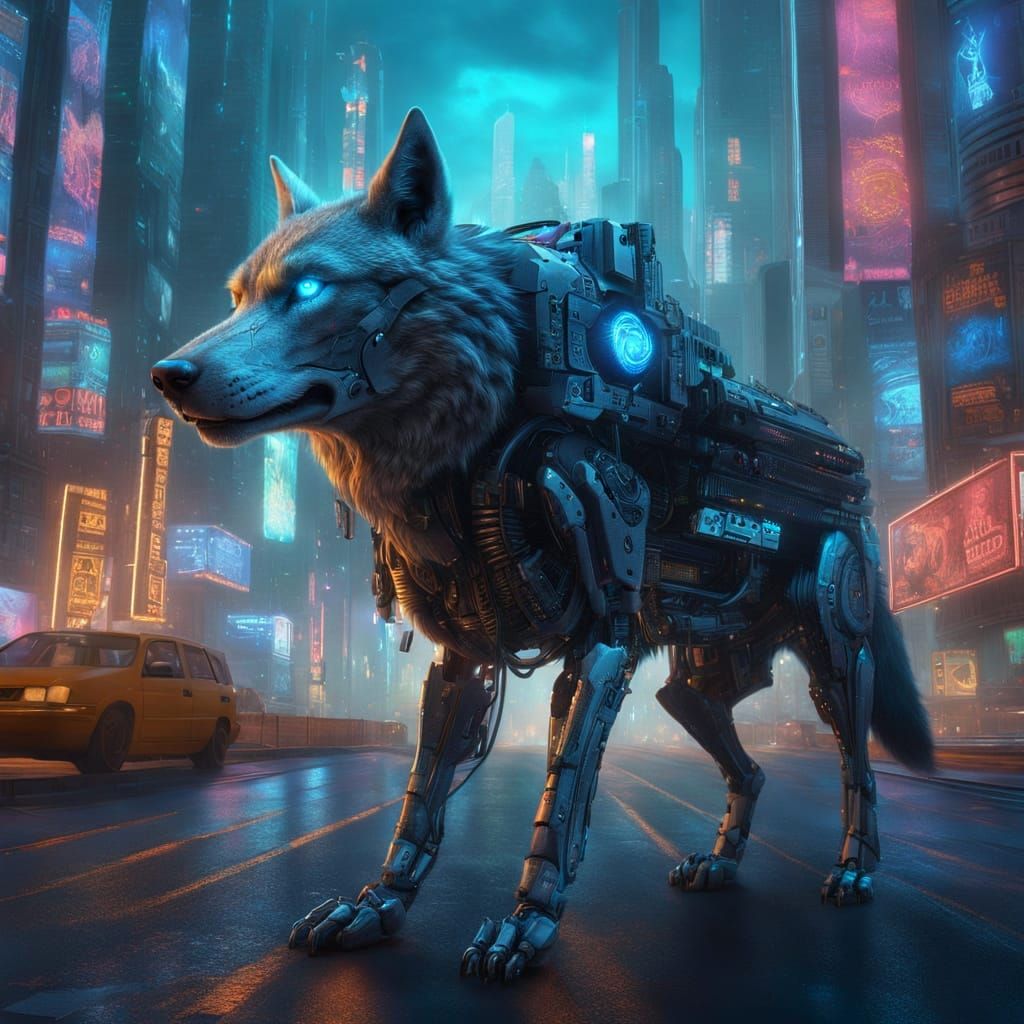 Cyborg Wolf in Neon City, Digital Art