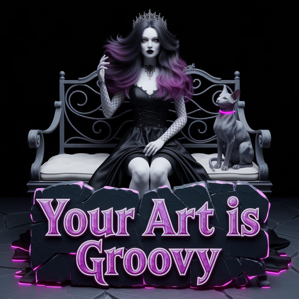 Gothic Bride with Cat Beside Groovy Stone Carving