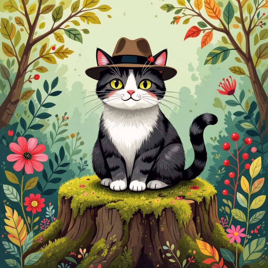 Whimsical Cat in Fedora on Mossy Stump