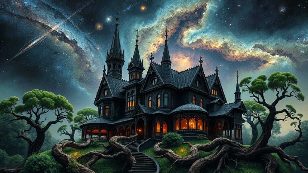 Mysterious Gothic Mansion in Vibrant Fantasy Landscape