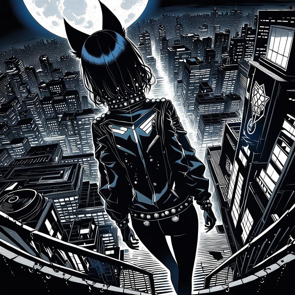Gothic Cat Girl in Gothic Monochromatic City