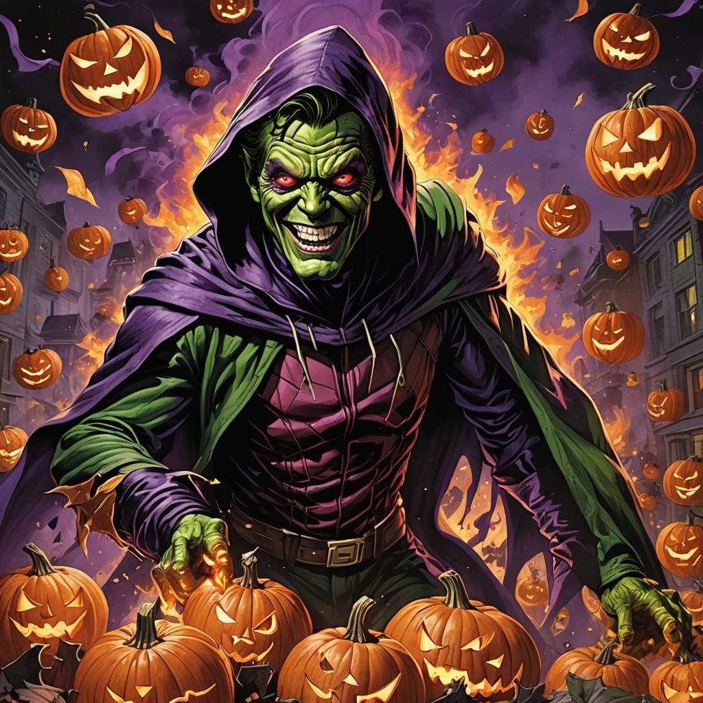Green Goblin Throws Explosive Pumpkins in Comic Book Style