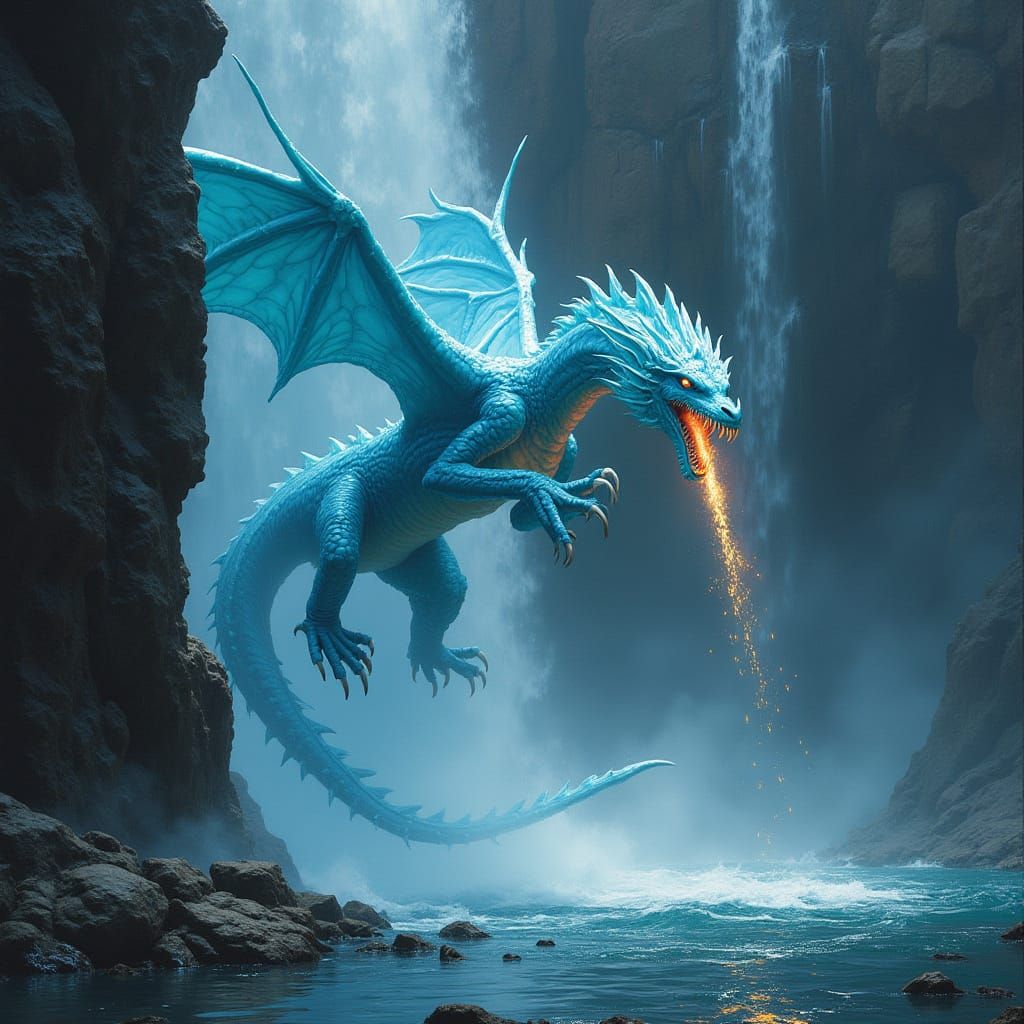 Ice Dragon Breathes Fire at Dark Waterfall