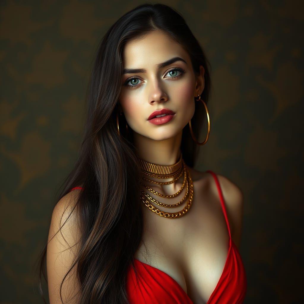 Elegant Woman in Vibrant Red Dress with Gold Accents