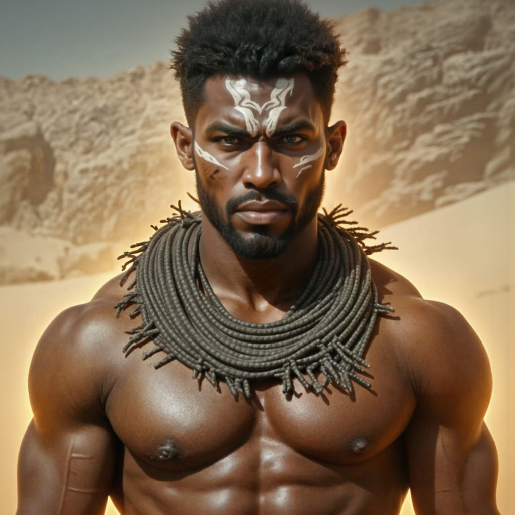 Epic African Barbarian Warrior in Desert Landscape