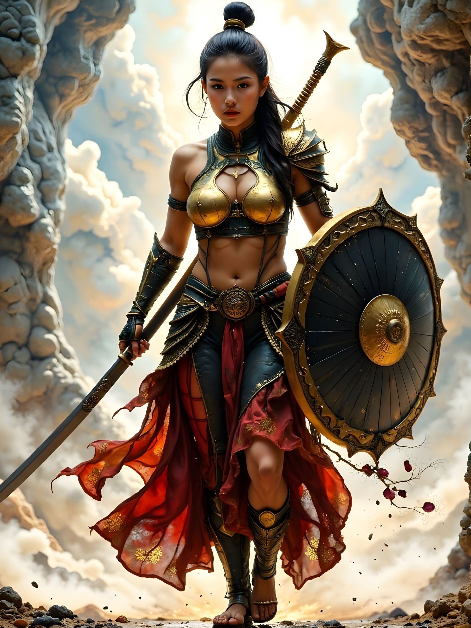 Female Samurai Warrior with Grand Shield in Ancient Japanese...