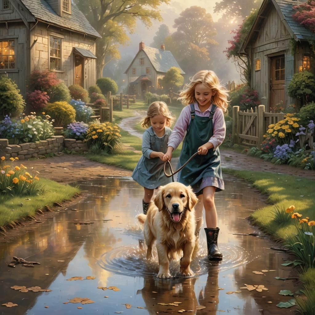 Golden Retriever Puppy and Girl in Puddles: Farmyard Fantasy