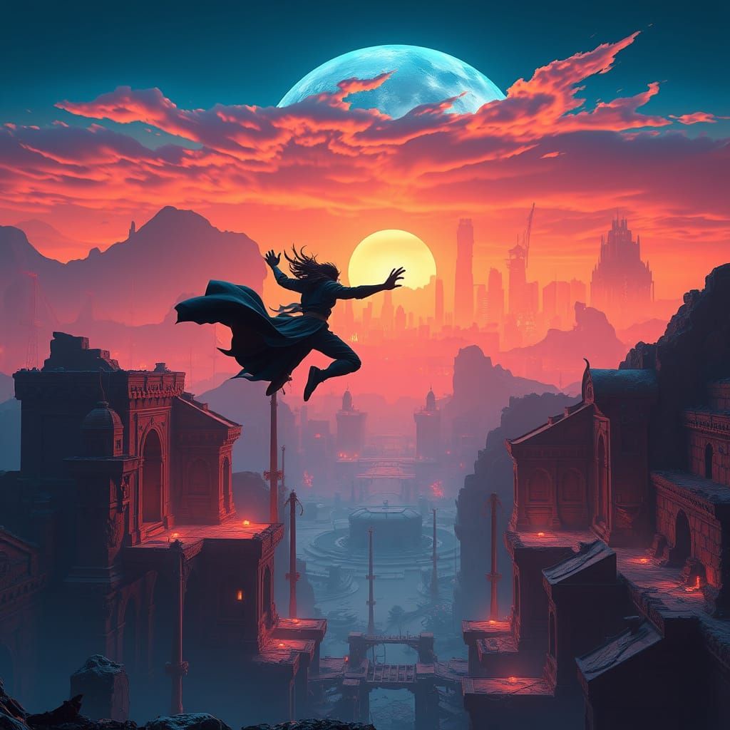 Character Leaps Between Worlds in Vibrant Concept Art