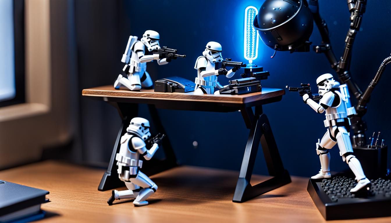 Miniature Mayhem: Star Wars Stormtroopers' Epic Desk Climb Adventure