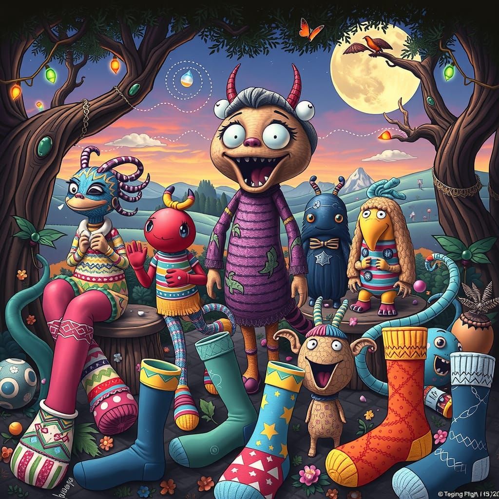 Whimsical Sock Characters in a Fantastical World