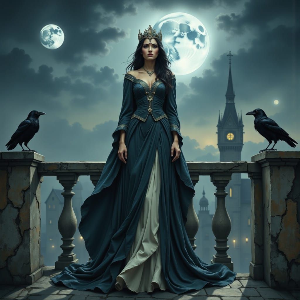 Sorrowful Queen on Crumbling Balcony in Twilight City