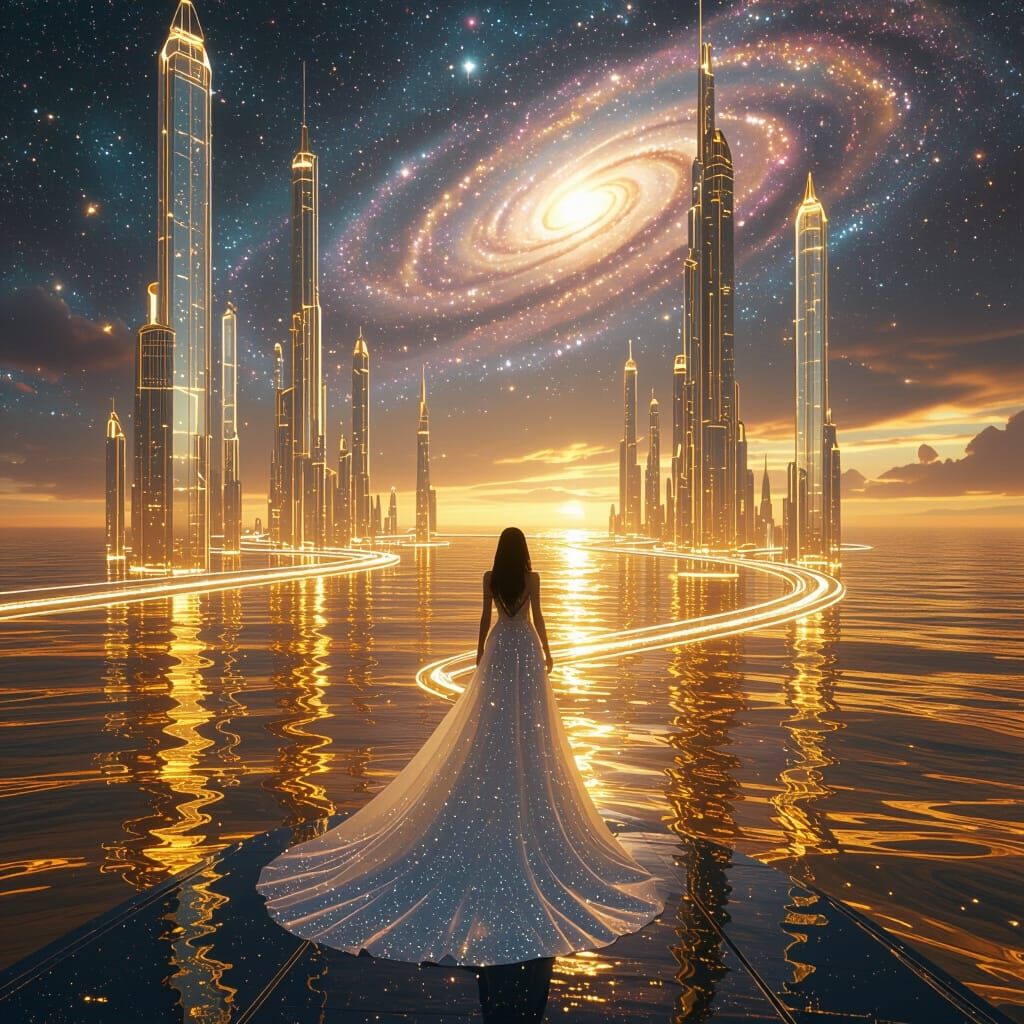 Celestial City Above Liquid Gold Ocean
