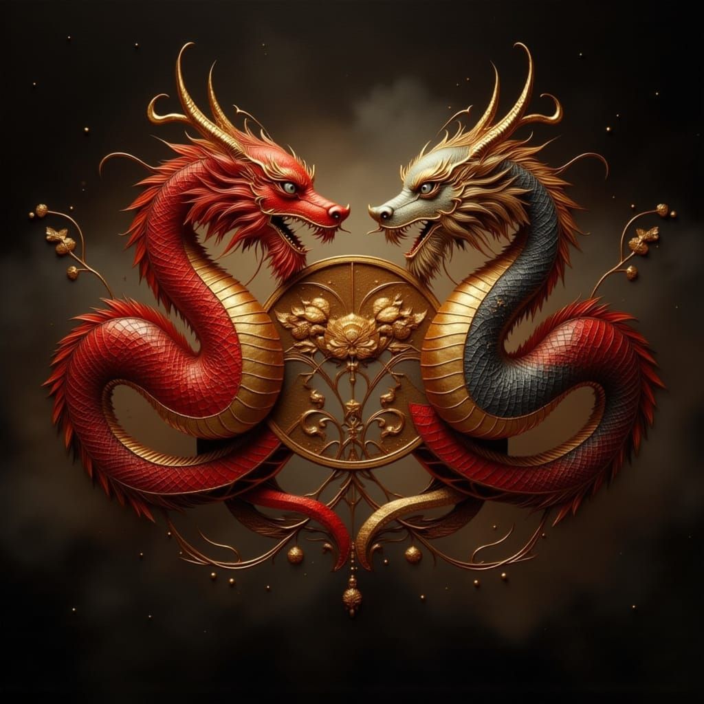Majestic Dragons Entwined in Hyper-Realistic Chinese-Inspire...