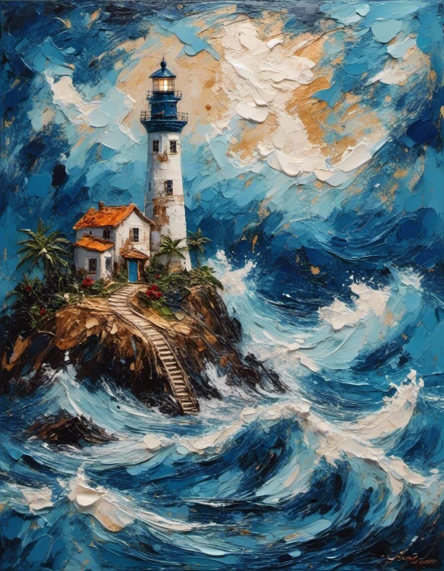 Stormy Lighthouse Seascape in Mixed Media Style
