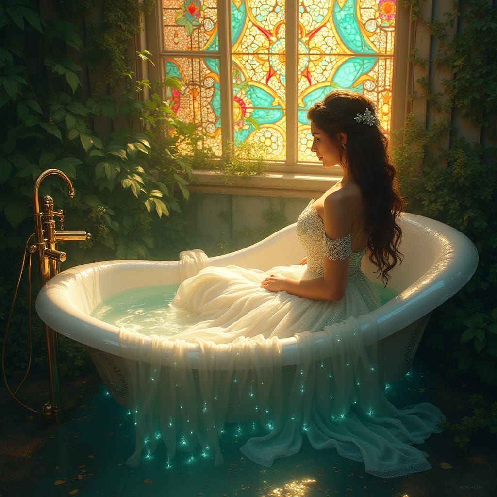 Ethereal Bath Scene in Whimsical Fantasy Style