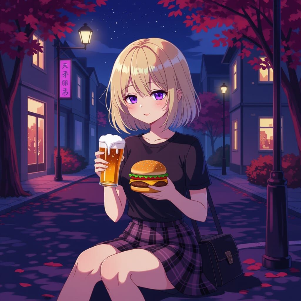 Anime Girl at Night with Burger and Beer
