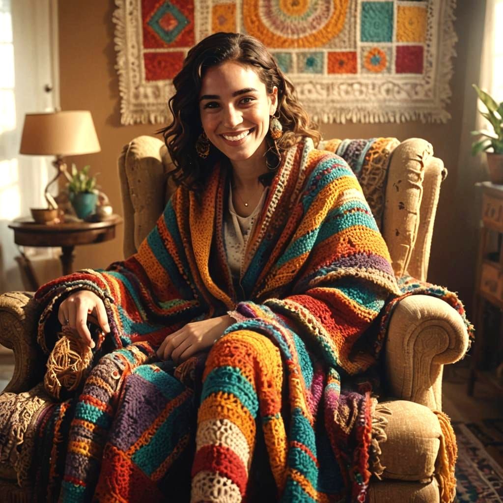 Young Woman in Armchair with Crocheted Afghan