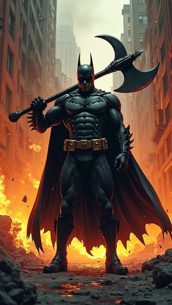 Epic Batman in Burning Post-Apocalyptic City