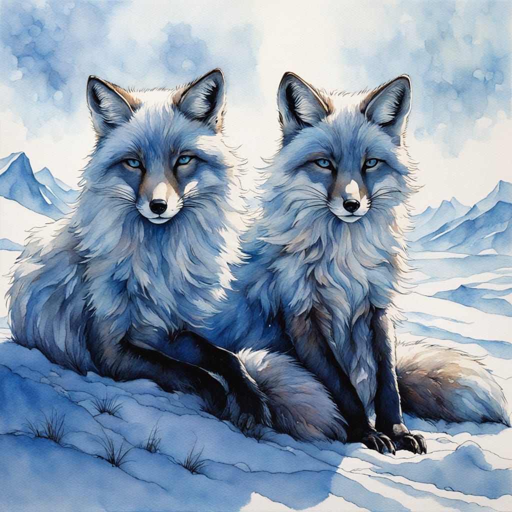 "Two" majestic arctic foxes both with :Bright Blue Eyes: "One fox is sitting on the snow" "The other fox is sleeping in ...